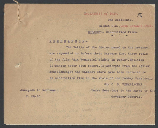 India 1927 order banning the 1925 movie SIX WONDERFUL NIGHTS IN PARIS Clara Bow