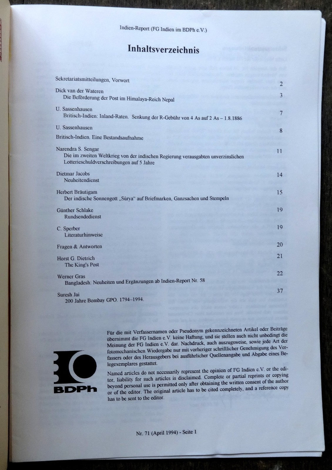 INDIEN REPORT ISC India Study Circle Germany Journal April 1994