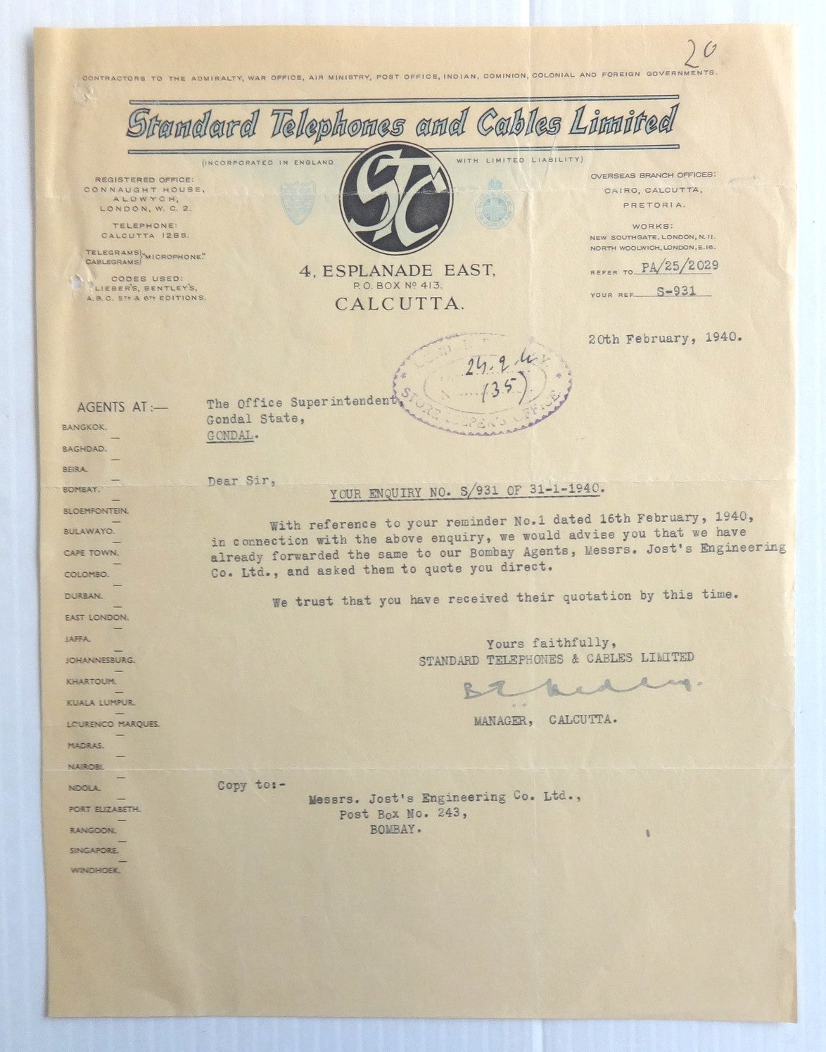 India 1940 illustrated letterhead STANDARD TELEPHONES & CABLES Calcutta