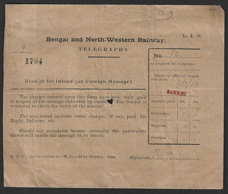 India BENGAL & NORTH WESTERN RAILWAY 1912 telegraph receipt