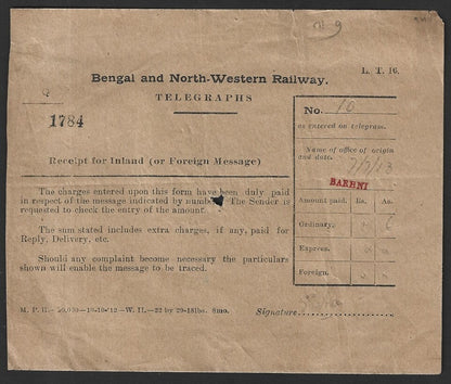 India BENGAL & NORTH WESTERN RAILWAY 1912 telegraph receipt