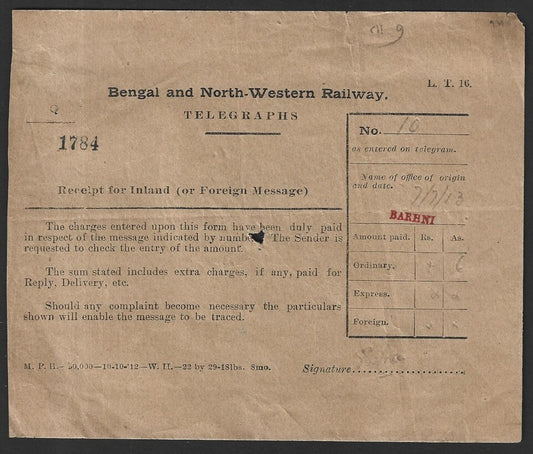 India BENGAL & NORTH WESTERN RAILWAY 1912 telegraph receipt
