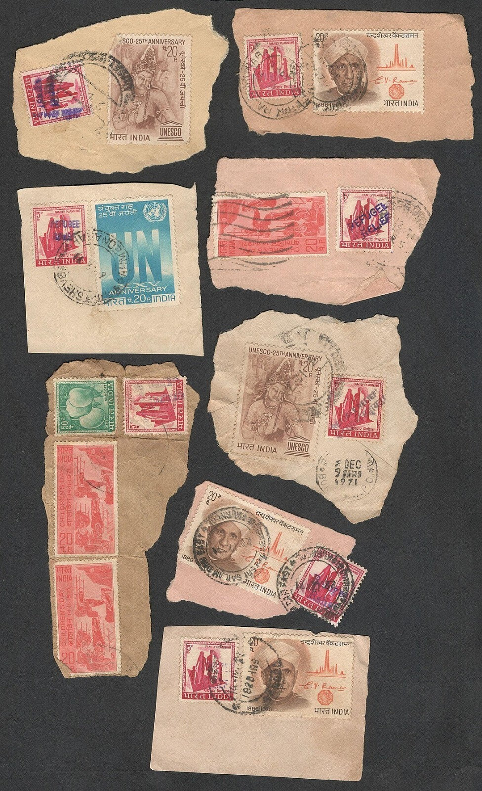 India 1971 Refugee Relief rubberstamp ovpts on pieces 19 pic LARGE COLLECTION