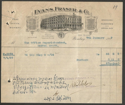 India 1920s illustrated letterhead EVANS FRASER & CO. Bombay