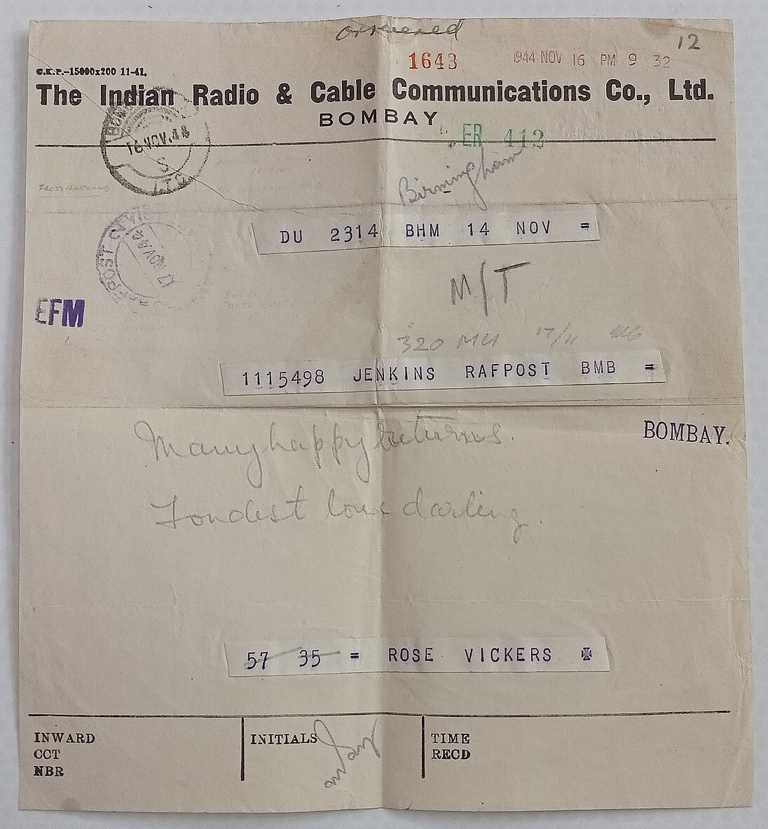 (AOP) The Indian Radio & Cable Communications Co., telegram used to RAFPOST 1944