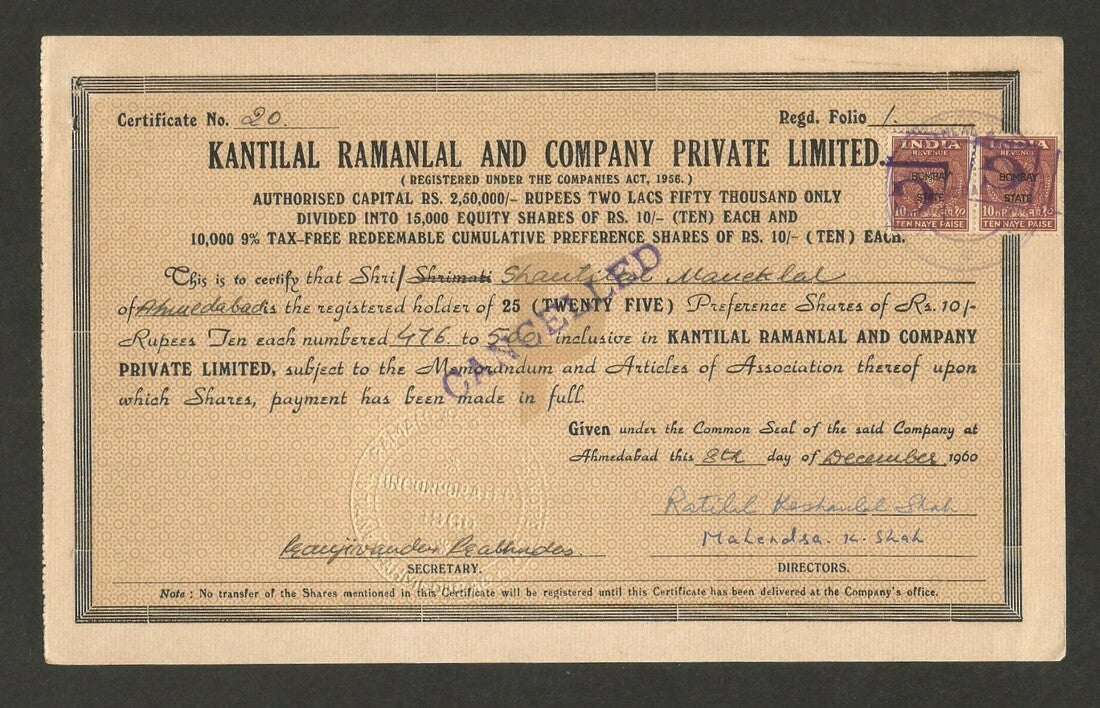 India 1960 Kantilal Ramalal & company share certificate