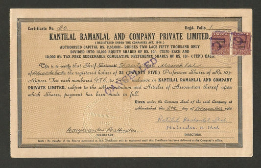 India 1960 Kantilal Ramalal & company share certificate