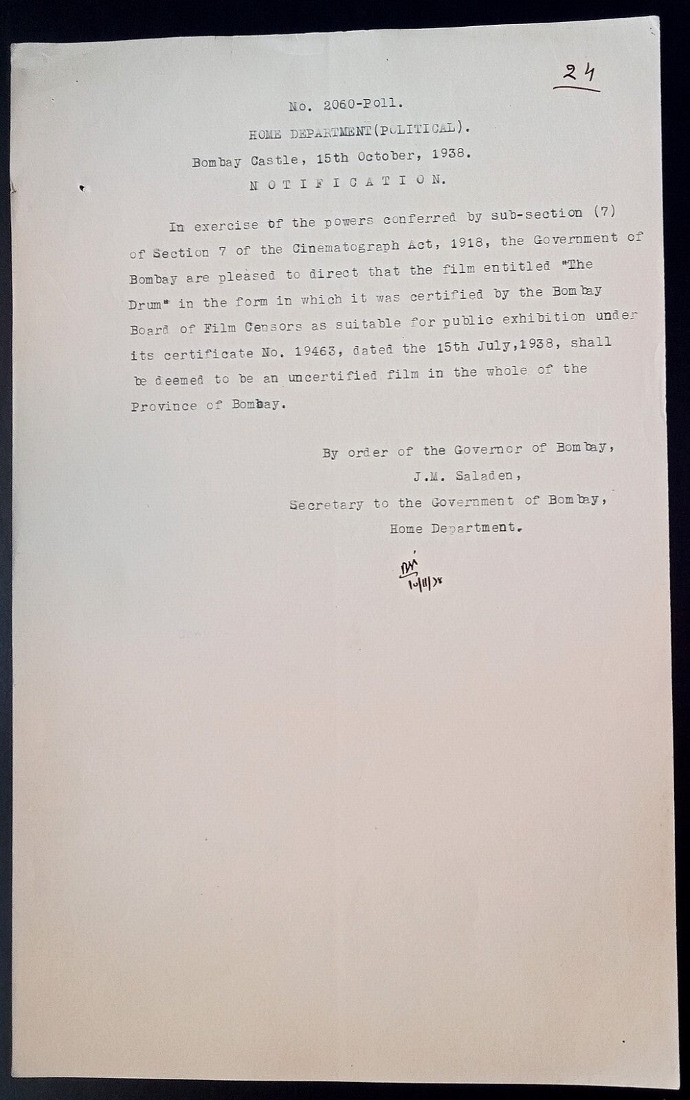 India 1938 Official Order BANNING the movie THE DRUM in Bombay Province