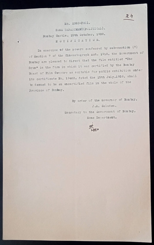 India 1938 Official Order BANNING the movie THE DRUM in Bombay Province