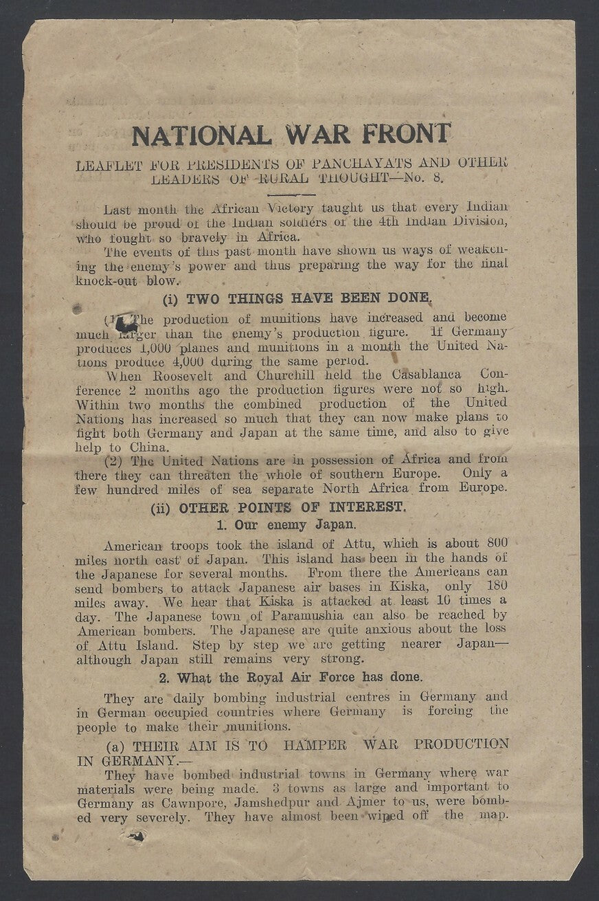 AOP India WW2 propaganda Leaflets for the Presidents of Panchayats 