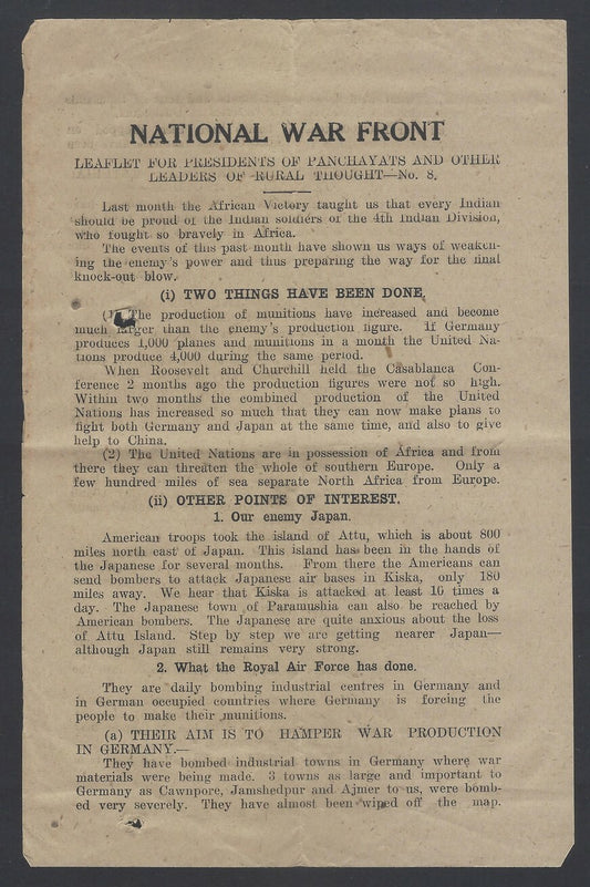 AOP India WW2 propaganda Leaflets for the Presidents of Panchayats 