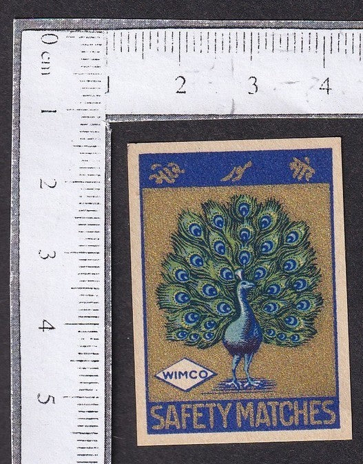 India vintage WIMCO matchbox label PEACOCK