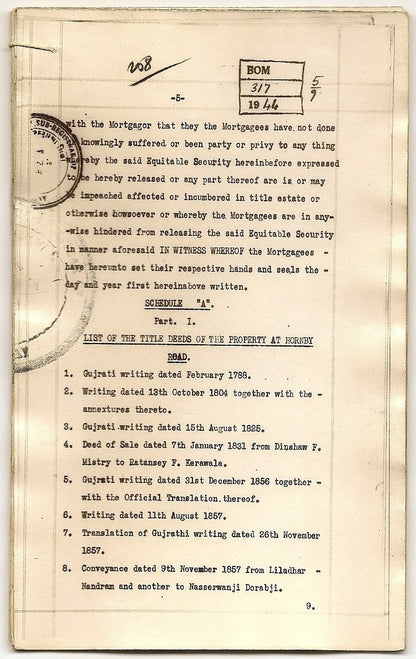 India 1944 photo doc Shaporji P Mistry mortgage DN Rd property to Naoraji Wadia