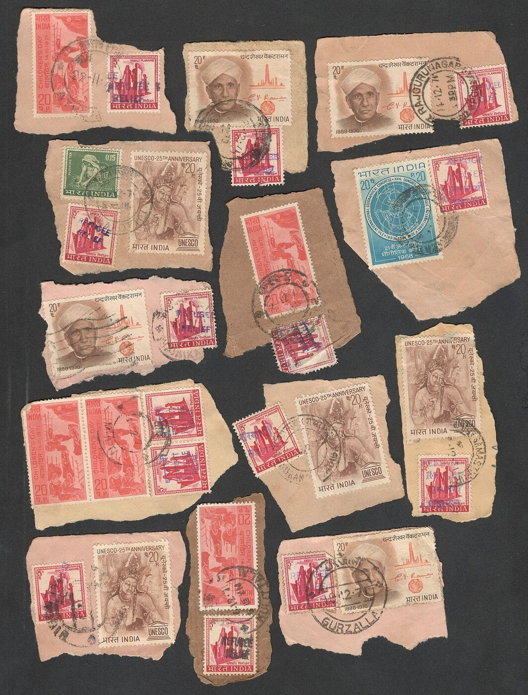 India 1971 Refugee Relief rubberstamp ovpts on pieces 19 pic LARGE COLLECTION