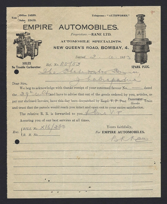 India 1933 Empire Automobiles Bombay pictorial Letterhead