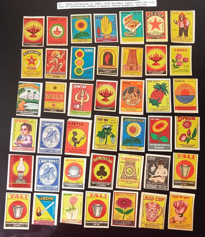 Collection of vintage matchbox labels India unusual graphics 900+ different