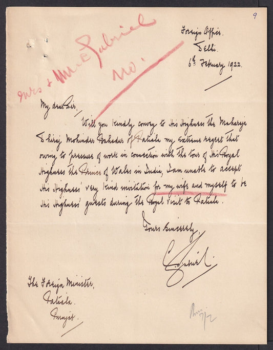 India 1922 HRH The Prince of Wales Visit invitation refusal letter