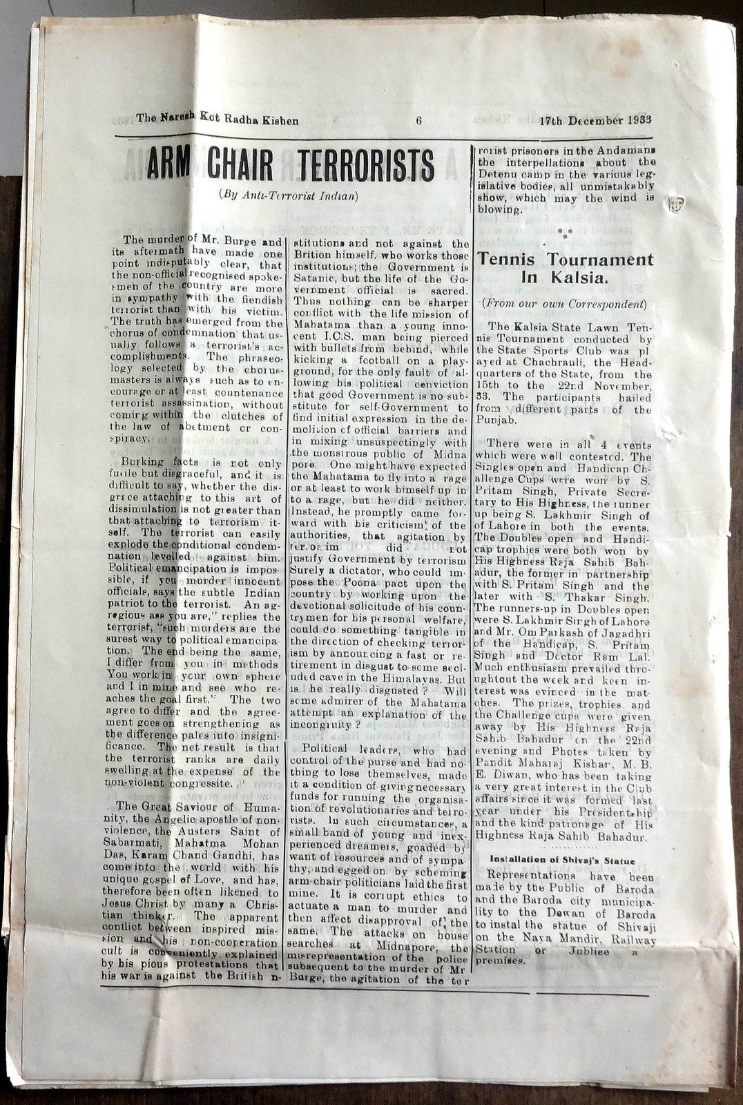 India 1933 weekly THE NARESH Dead Congress to resume law breaking activity Ӝ