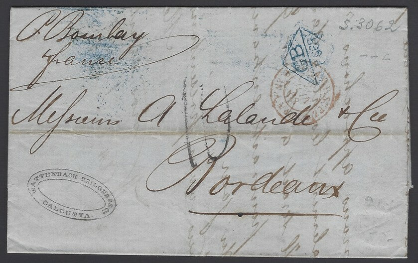 India 1868 stampless cal to France GB/LF 66c blue accountancy mark FA HEILGERS