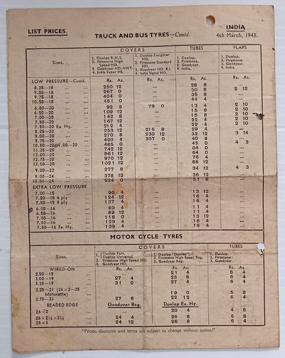 AOP India 1943 DUNLOP TYRES 1943 price list