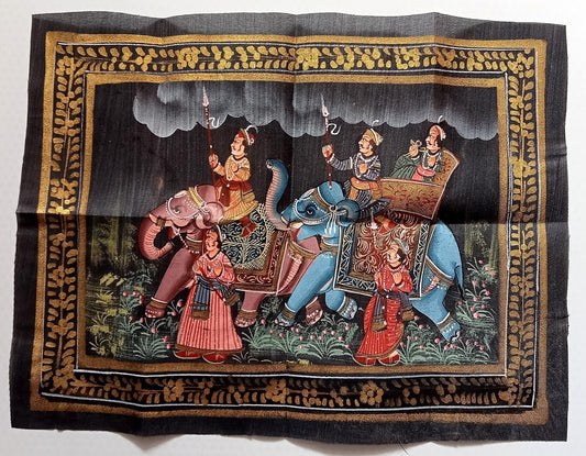 India vintage painting on cloth RAJAH AND HIS MEN ON ELEPHANTS 9 x 12 inches