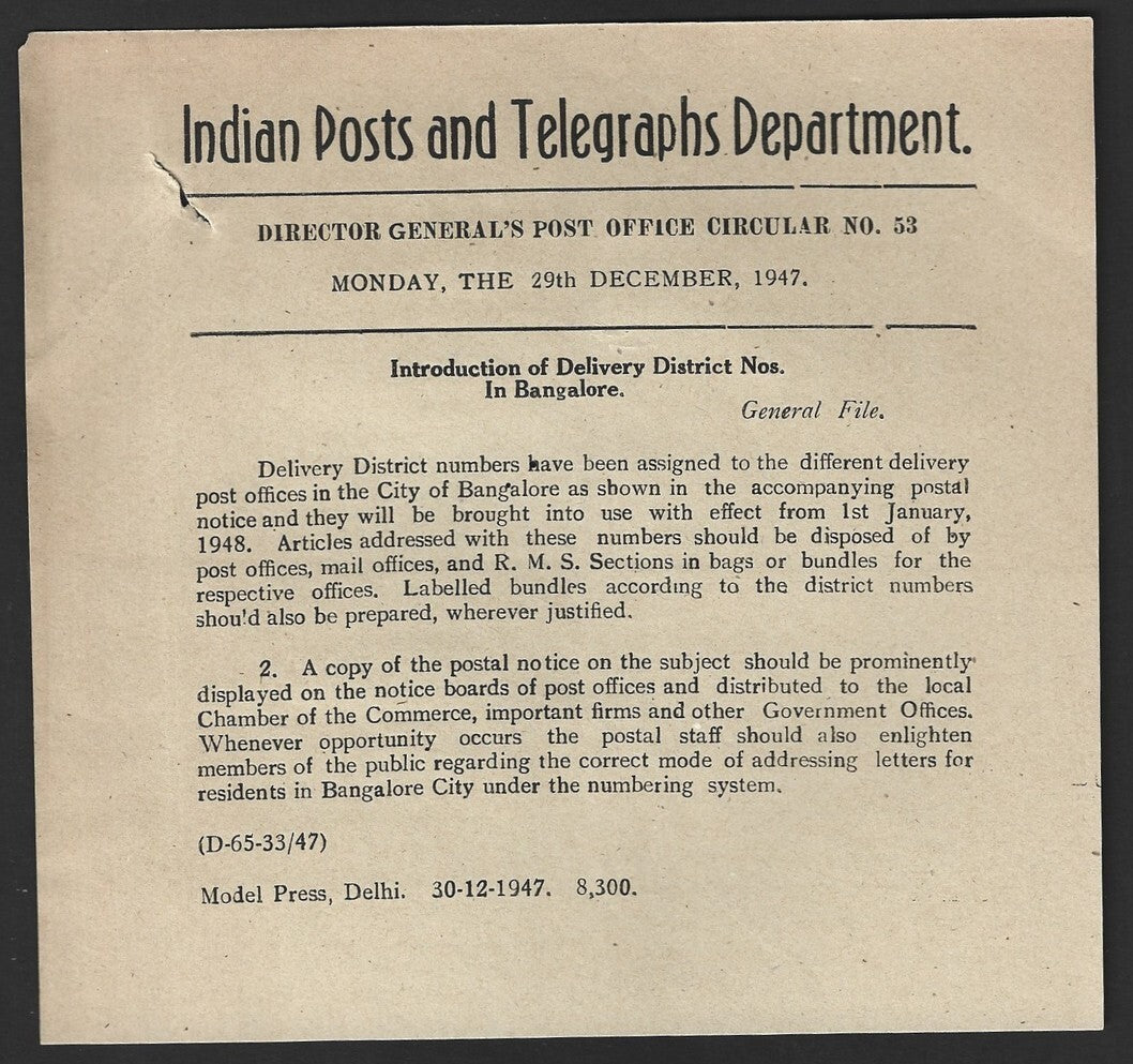 India POSTAL NOTICE #51 29 Dec 1947 Delivery District Nos. Bangalore + CIRCULAR