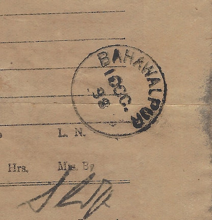 India 1898 telegram cancelled sc BAHAWALPUR + envelope