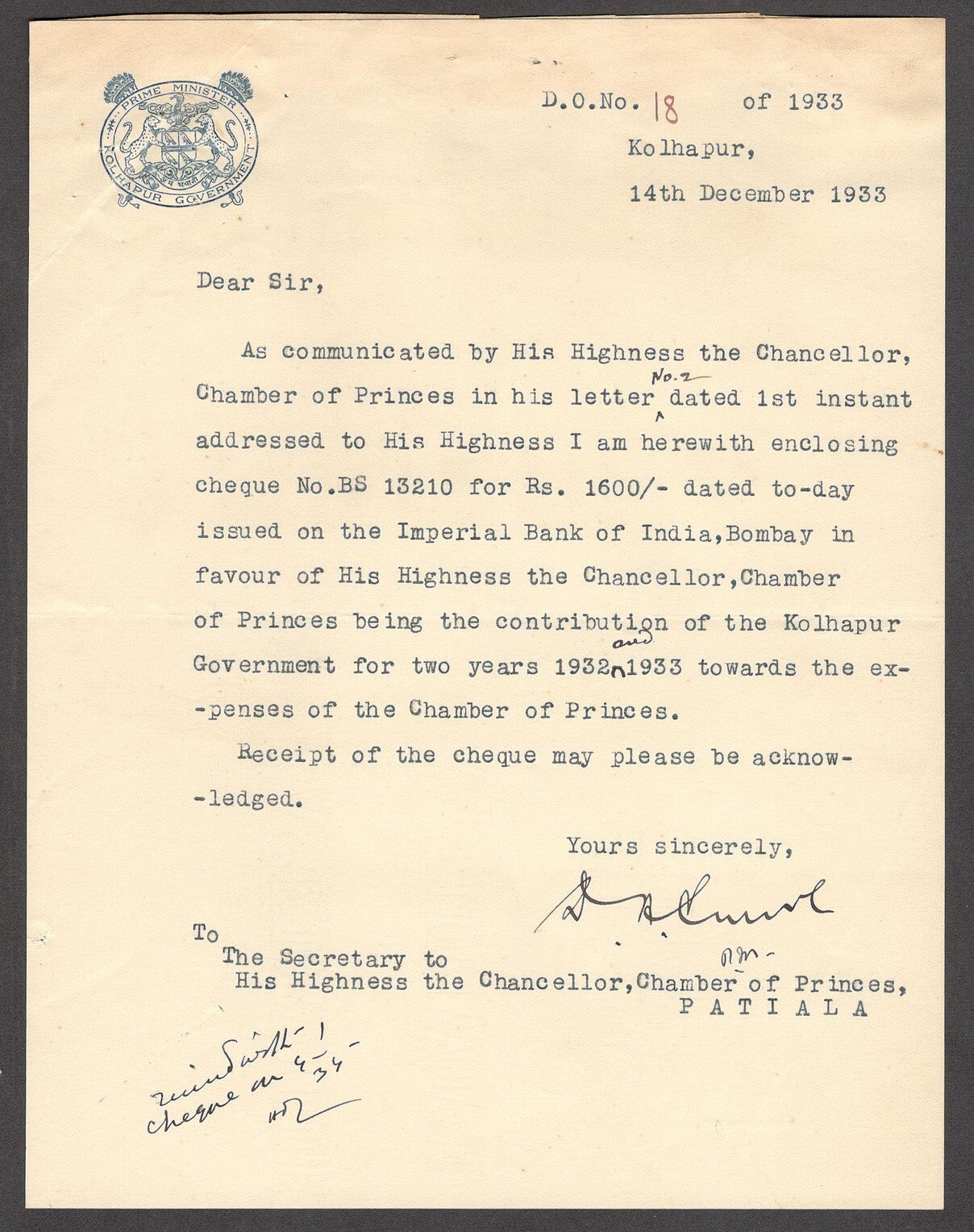 India 1933 crested letter PRIME MINISTER * KOLHAPUR GOVERNMENT signed