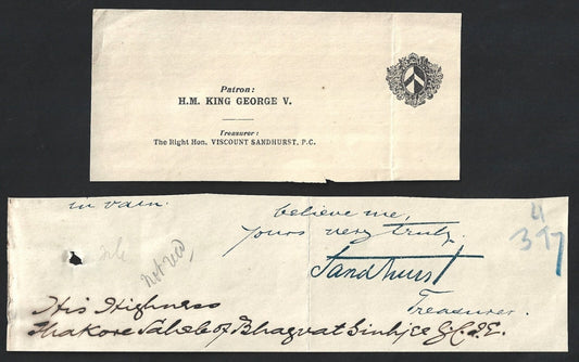 India part letter signed William Mansfield, Governor of Bombay 1895-1900