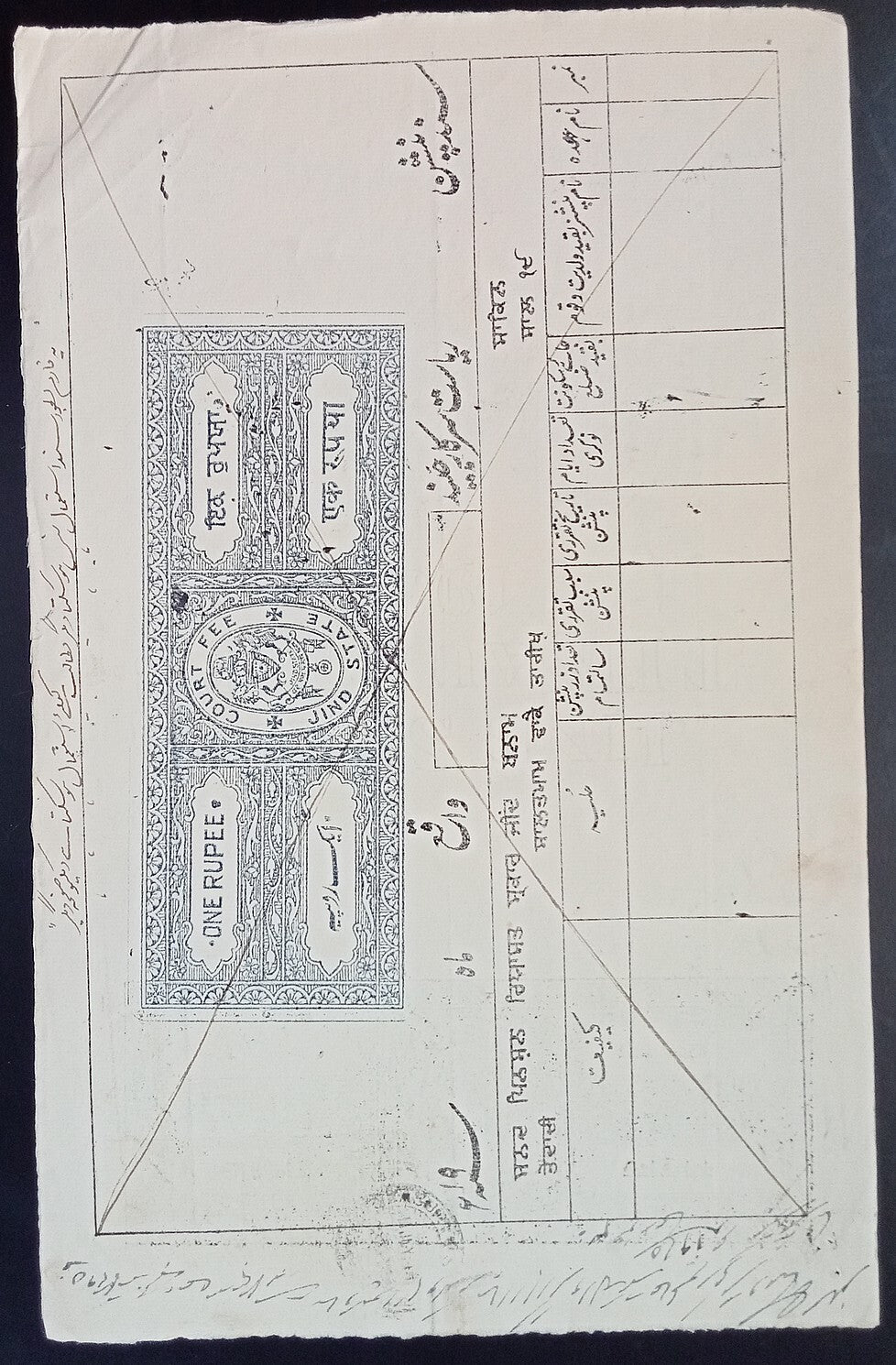 India Jind State 10R black stamp paper with 1R stamp paper printed on the back
