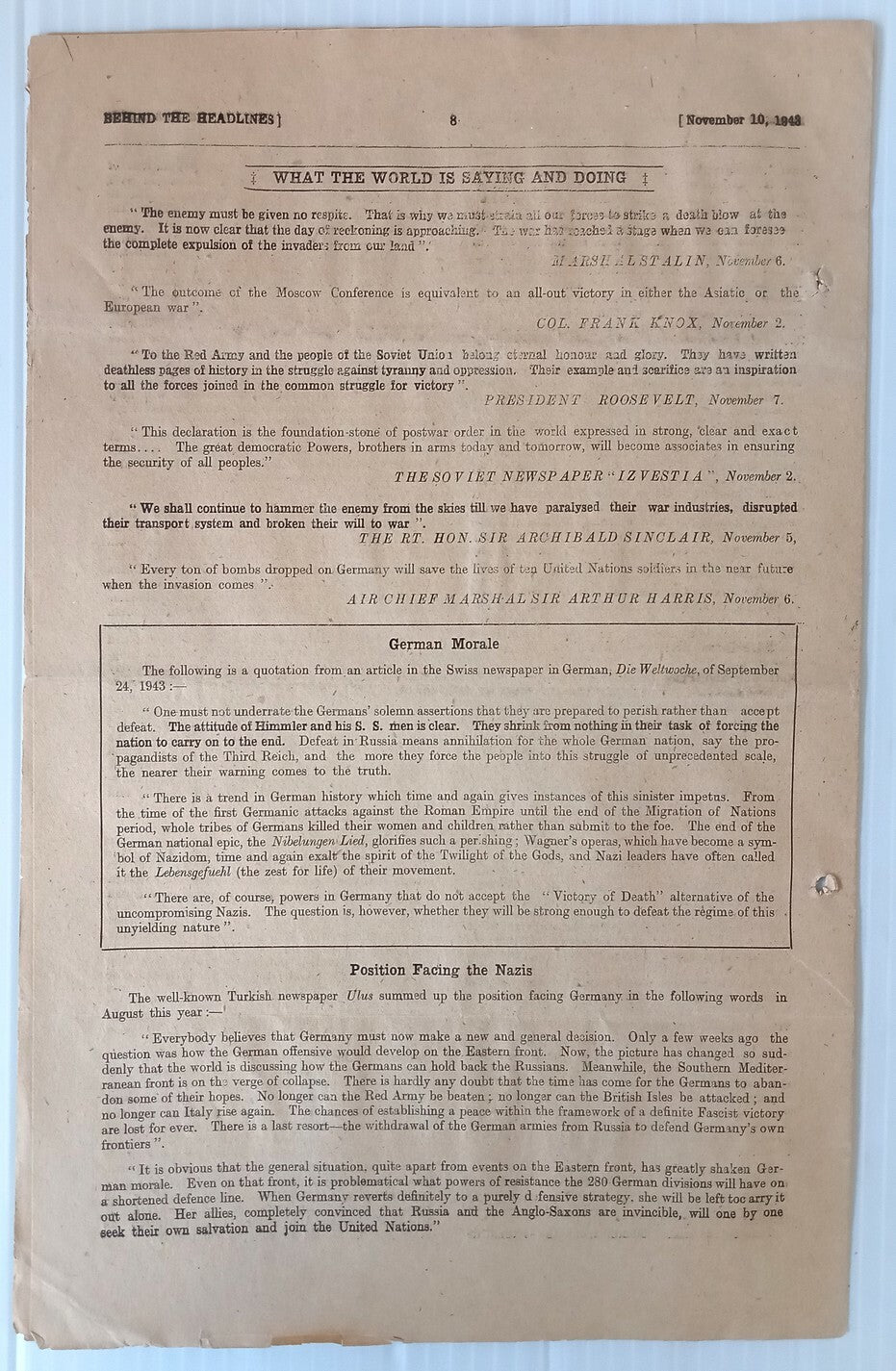 India 1943 WW2 Propaganda rag BEHIND THE HEADLINES RED ARMY RECAPTURES KIEV 8pgs