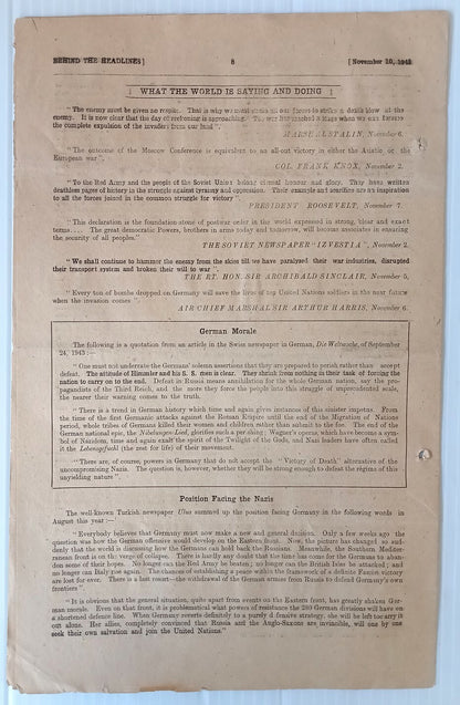 India 1943 WW2 Propaganda rag BEHIND THE HEADLINES RED ARMY RECAPTURES KIEV 8pgs