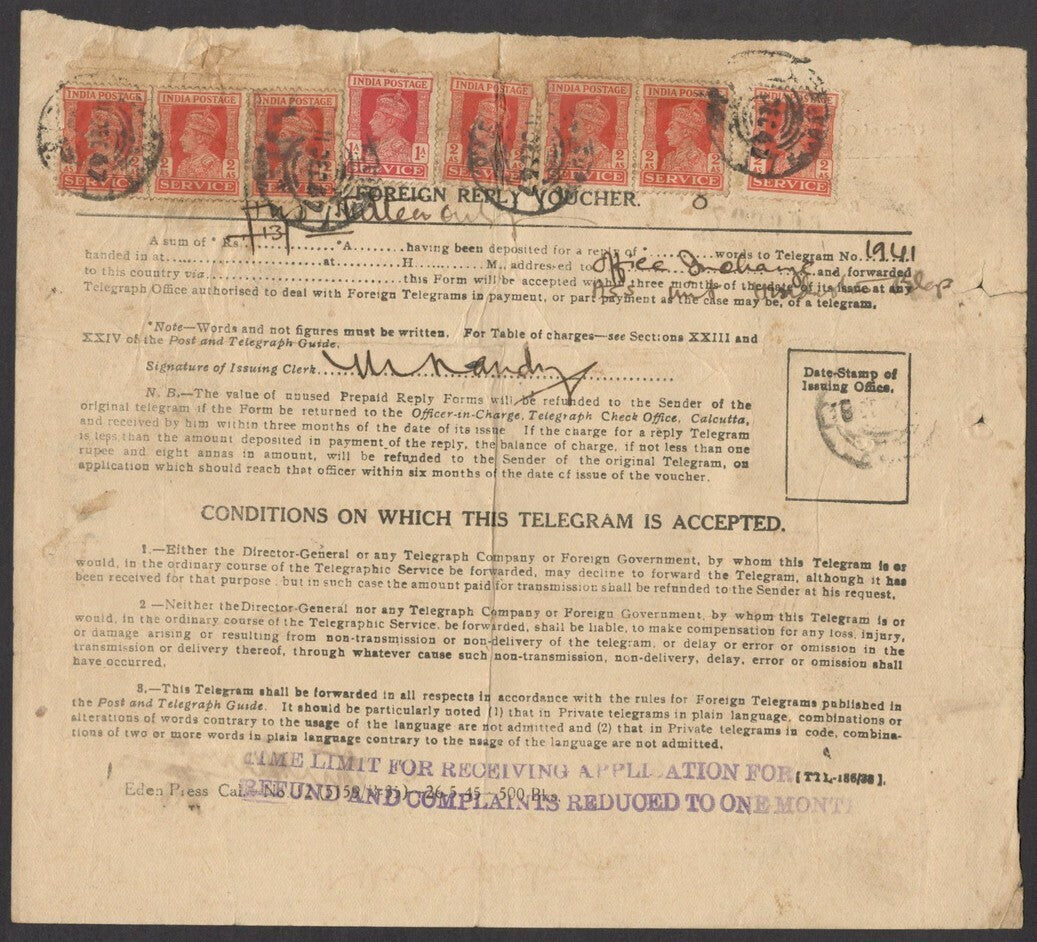India 1947 Foreign Reply Telegram & KGVI Official Stamps