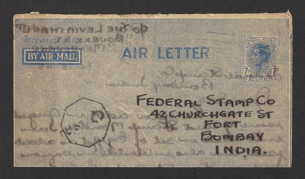 Australia KGVI 7d aerogramme to India censored 1945
