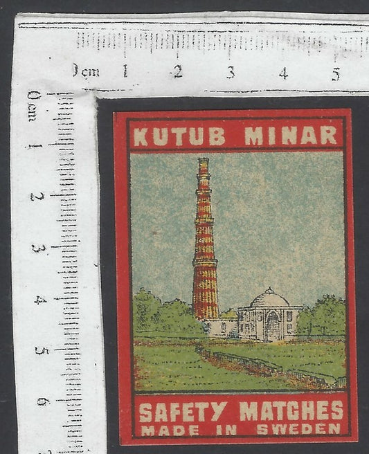AOP India vintage matchbox label Kutub Minar Made in Sweden
