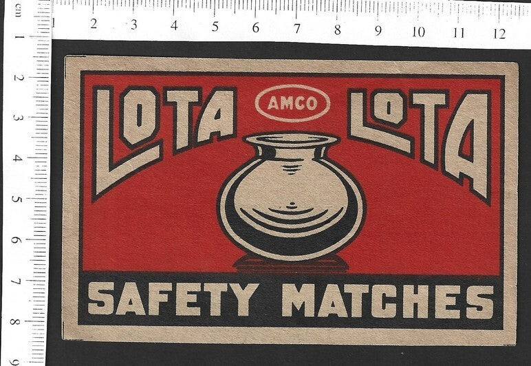 India vintage large matchbox label Lota by AMCO