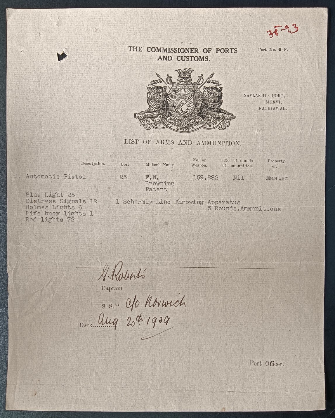 India 1939 Navlakhi Port Morvi SS NORWICH Captan signed Arms List