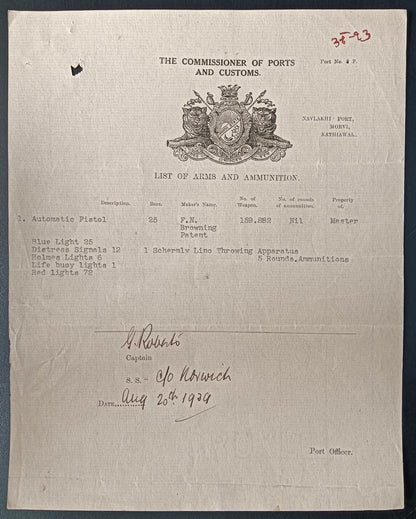 India 1939 Navlakhi Port Morvi SS NORWICH Captan signed Arms List