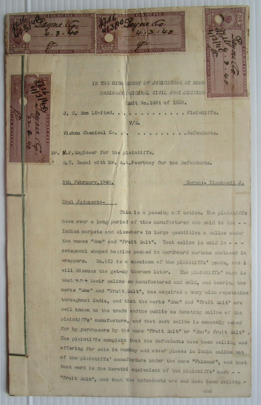 India 1940 31pg doc Eno Fruit Salts vs impositor KGV Court Fees 20R (3), 5R