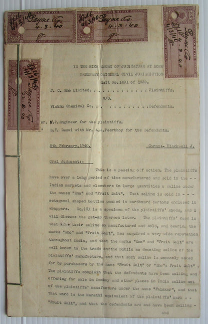 India 1940 31pg doc Eno Fruit Salts vs impositor KGV Court Fees 20R (3), 5R
