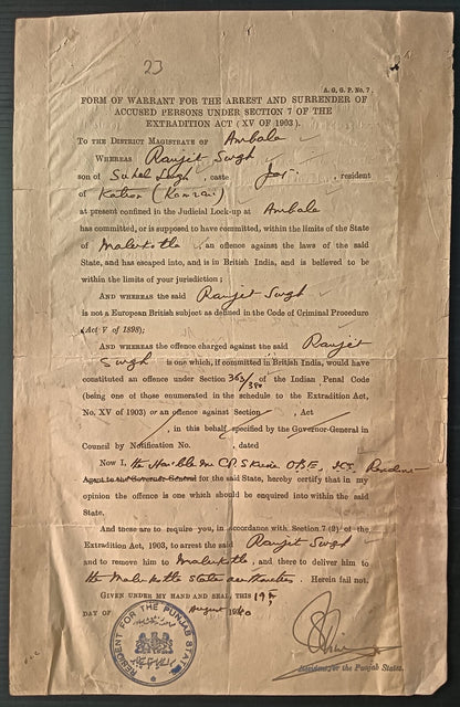 India 1940 ARREST WARRANT for Ranjit Singh of Maler Kotla