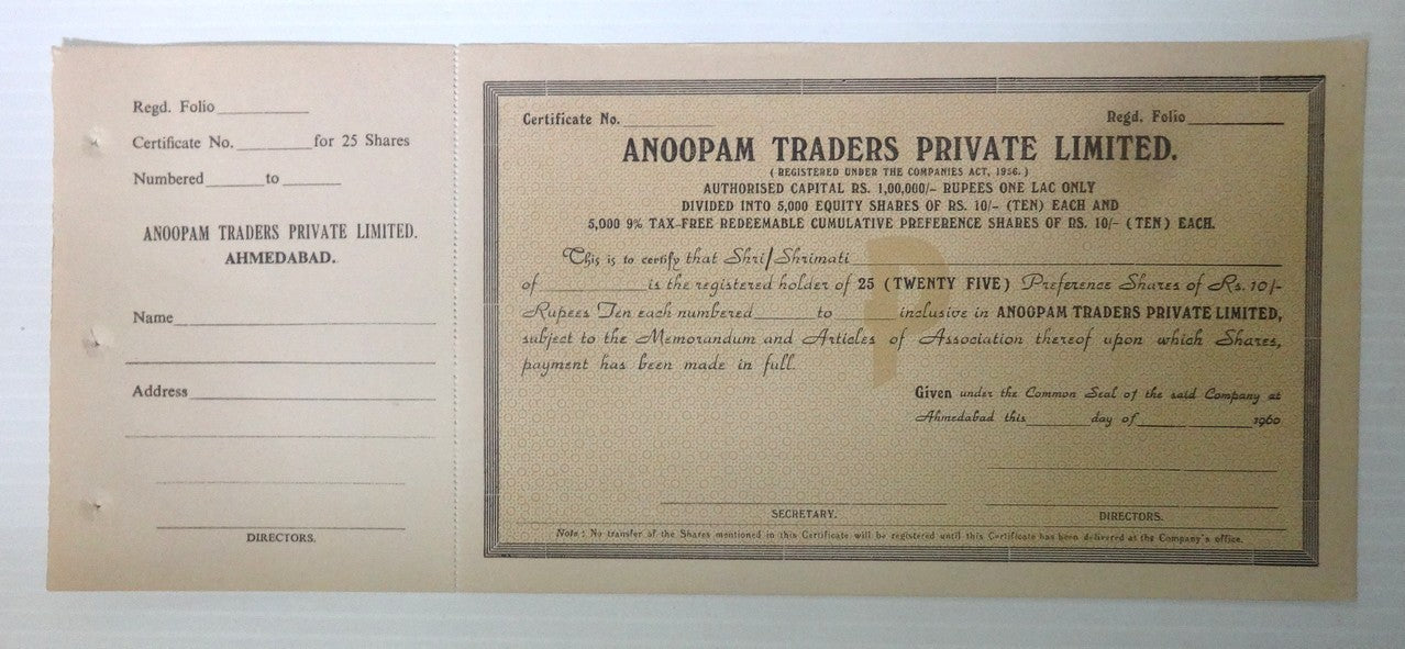 India 1960 Anoopam Traders preference shares certificate UNUSED