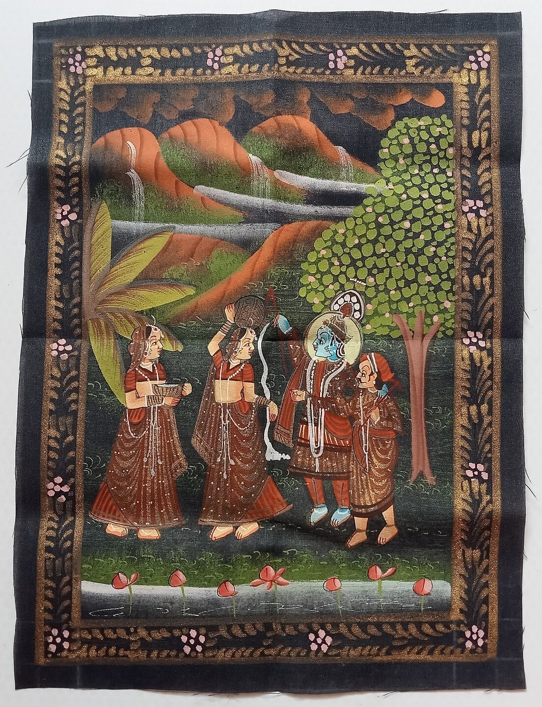 India vintage hand painting on cloth RADHA, KRISHNA & BALRAM 9 x 12 inches