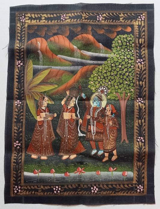 India vintage hand painting on cloth RADHA, KRISHNA & BALRAM 9 x 12 inches