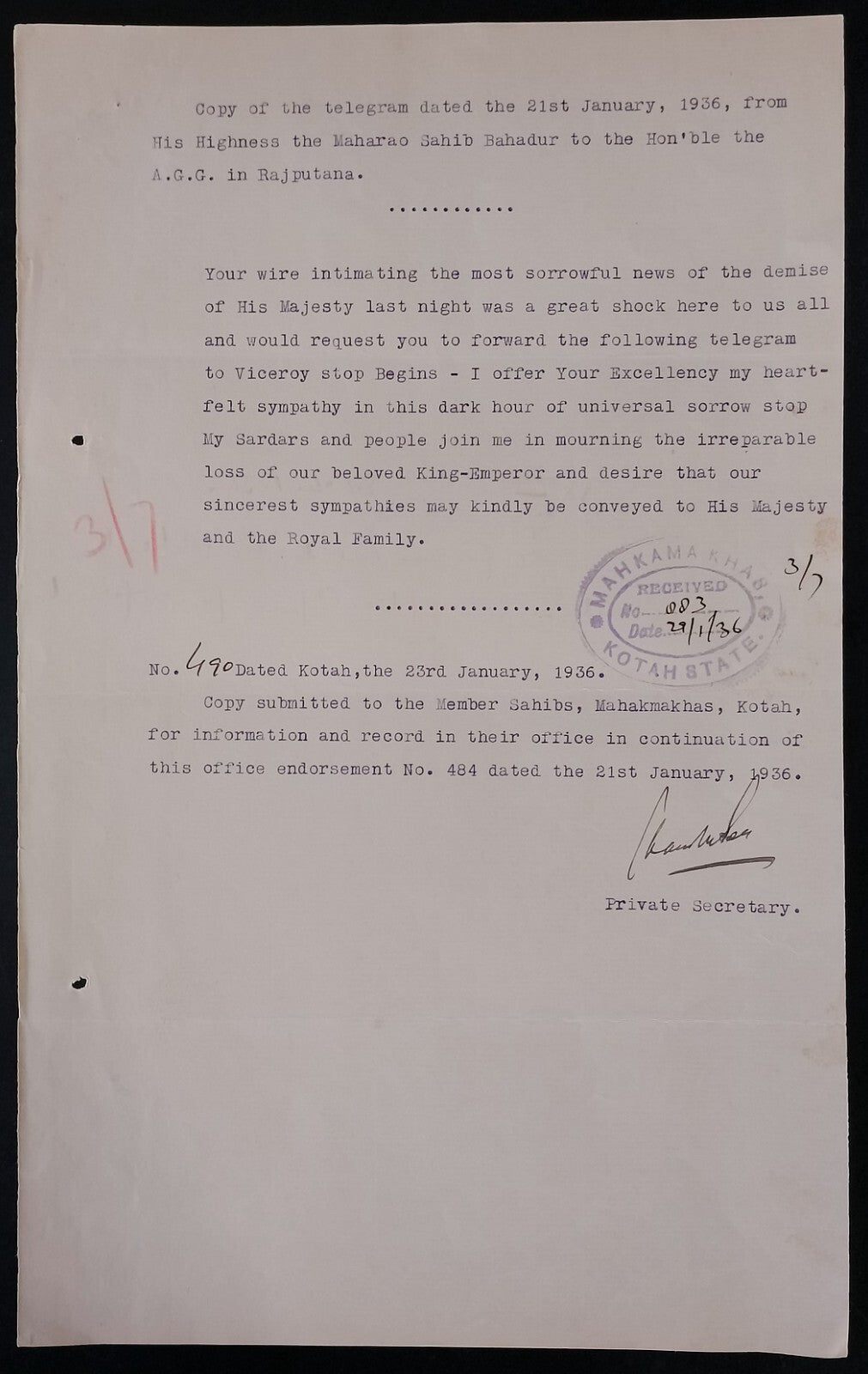AOP India 1936 signed telegram copy - Universal sorrow for the demise of KGV