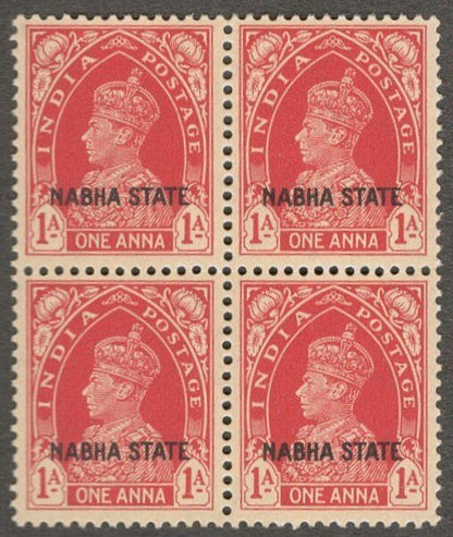 (AOP) India Nabha State KGVI 1938 1a block of 4 MNH. SG 80 £24