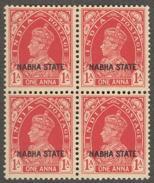(AOP) India Nabha State KGVI 1938 1a block of 4 MNH. SG 80 £24