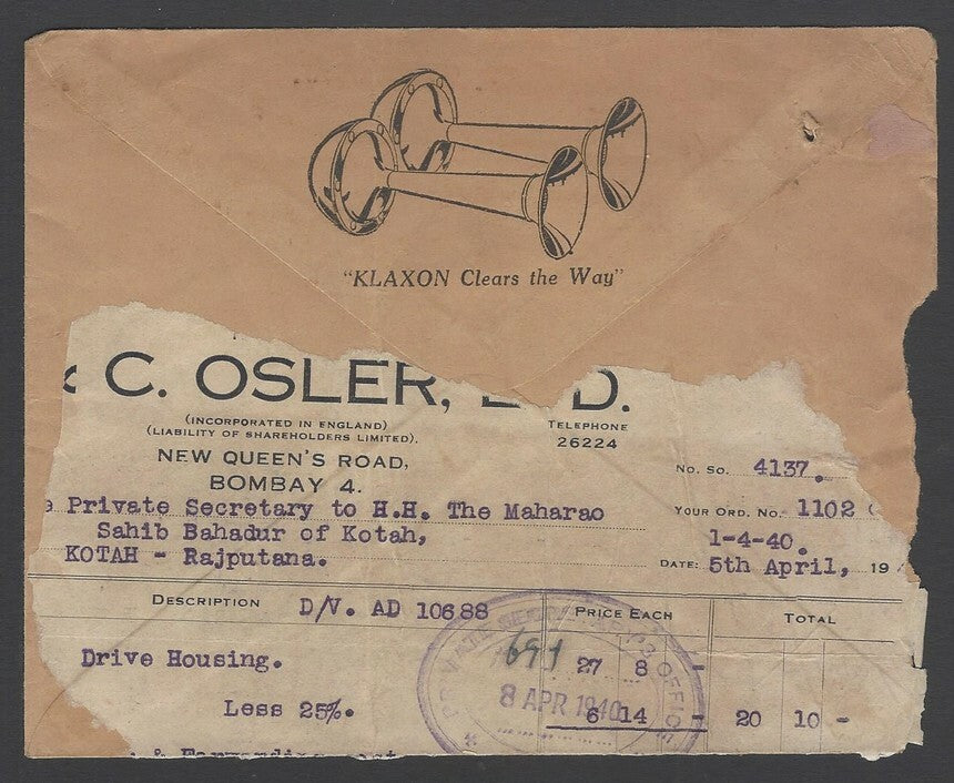 AOPIMT India 1940 VPP cover with illustrated advertisement KLAXON musical instr