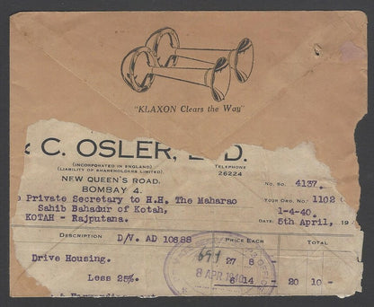 AOPIMT India 1940 VPP cover with illustrated advertisement KLAXON musical instr