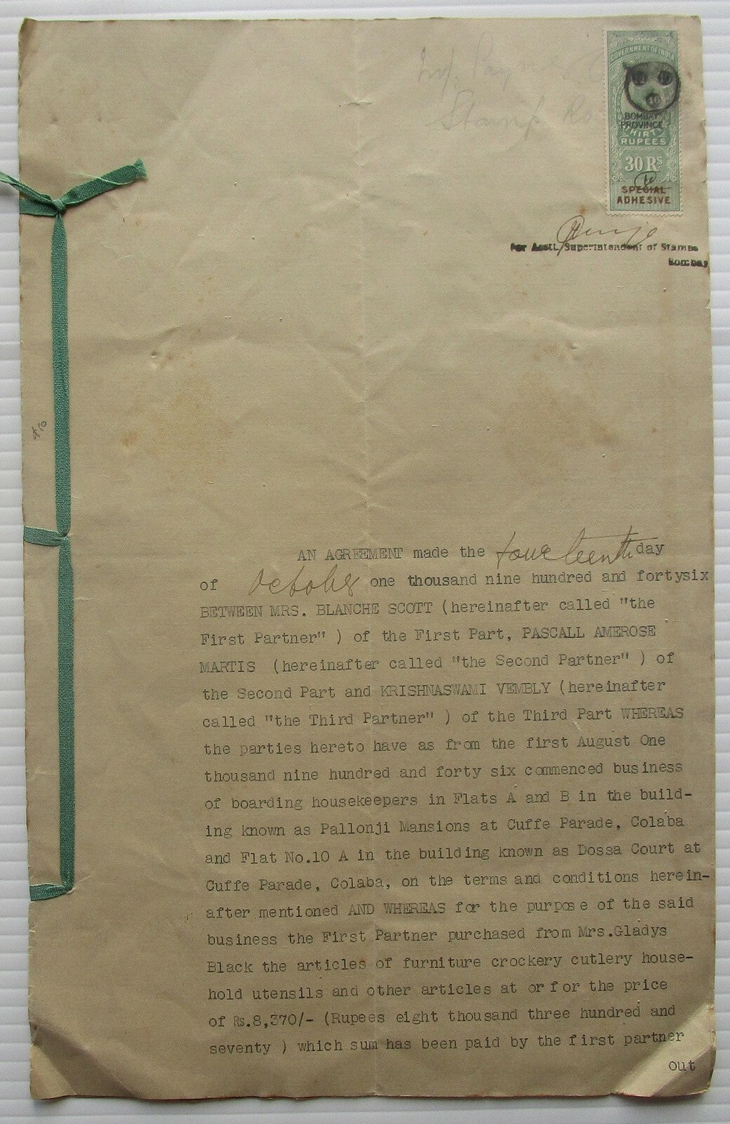 India 1946 Agreement of Partnership document with Special Adhesive KGV 30R